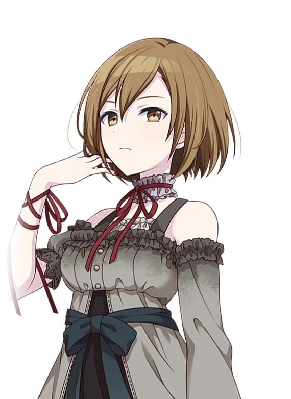 A picture of the Vocaloid MEIKO. She has a light brown bob and light brown eyes. She is wearing a grey, frilly off-the-shoulders top, a darker grey undershirt, and red ribbons on her neck and arm.
