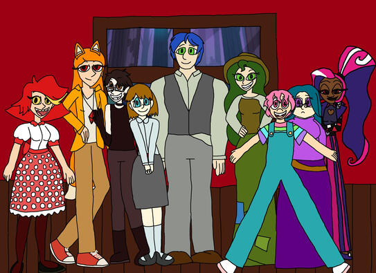 A drawing of 9 people in a room with dark wood floors and red walls, with a window to a dark forest outside.